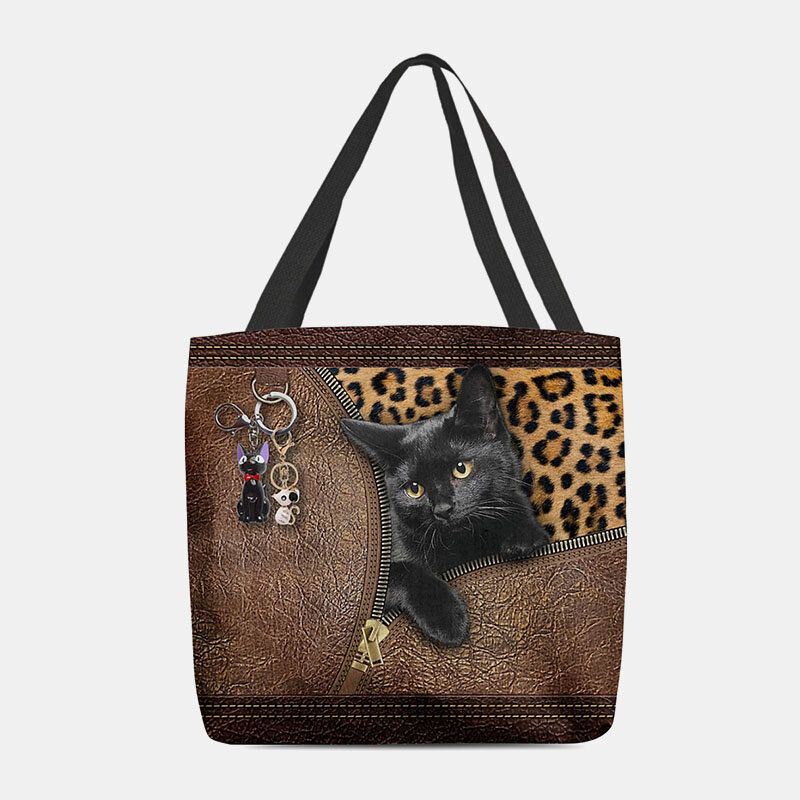 Dames Voelden Leuke 3d Driedimensionale Cartoon Zwarte Kat Hanger Patroon Schoudertas Handtas Tote