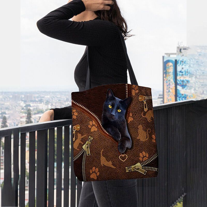 Dames Voelden Leuke 3d Driedimensionale Cartoon Zwarte Kat Patroon Schoudertas Handtas Tote