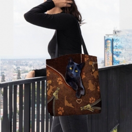 Dames Voelden Leuke 3d Driedimensionale Cartoon Zwarte Kat Patroon Schoudertas Handtas Tote