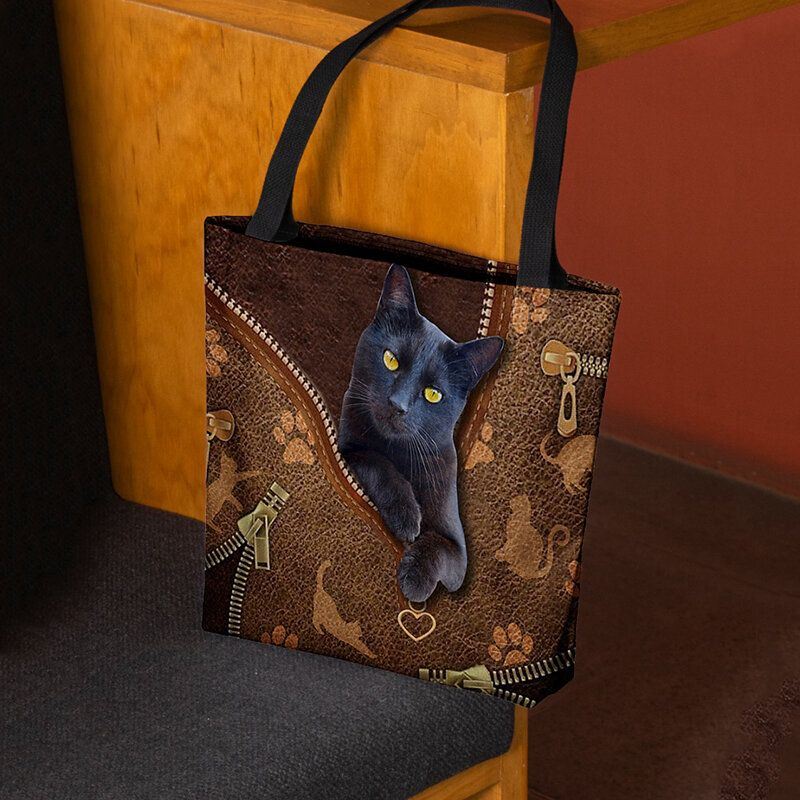 Dames Voelden Leuke 3d Driedimensionale Cartoon Zwarte Kat Patroon Schoudertas Handtas Tote