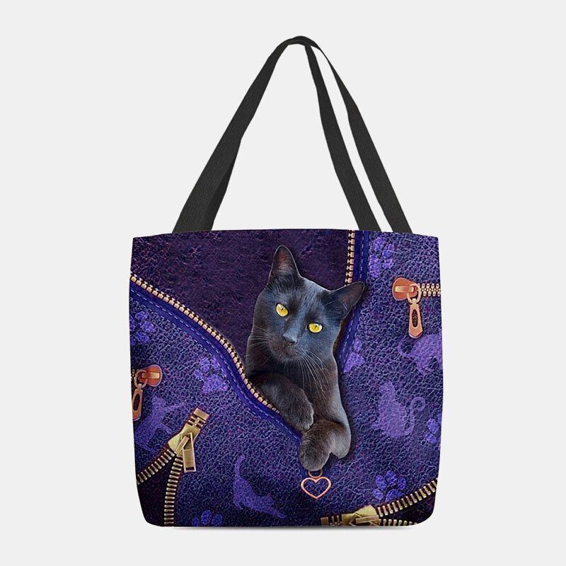 Dames Voelden Leuke 3d Driedimensionale Cartoon Zwarte Kat Patroon Schoudertas Handtas Tote