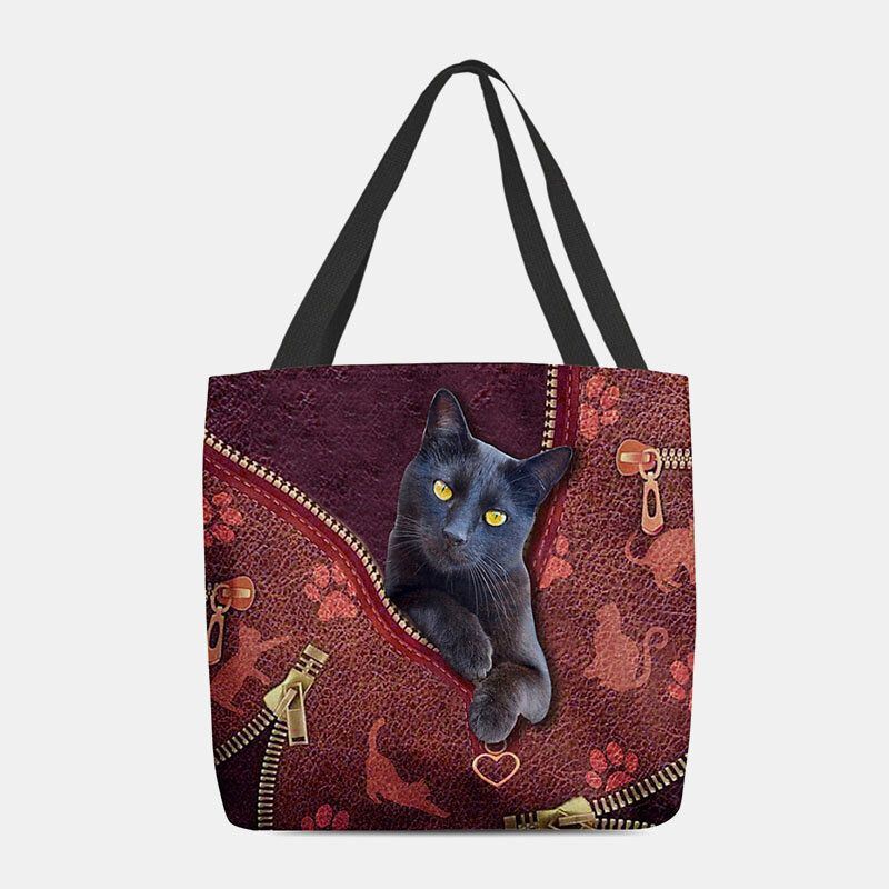 Dames Voelden Leuke 3d Driedimensionale Cartoon Zwarte Kat Patroon Schoudertas Handtas Tote