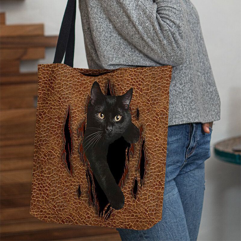 Dames Voelden Leuke 3d Driedimensionale Cartoon Zwarte Kat Patroon Schoudertas Handtas Tote