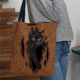 Dames Voelden Leuke 3d Driedimensionale Cartoon Zwarte Kat Patroon Schoudertas Handtas Tote