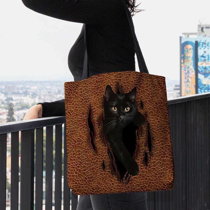 Dames Voelden Leuke 3d Driedimensionale Cartoon Zwarte Kat Patroon Schoudertas Handtas Tote