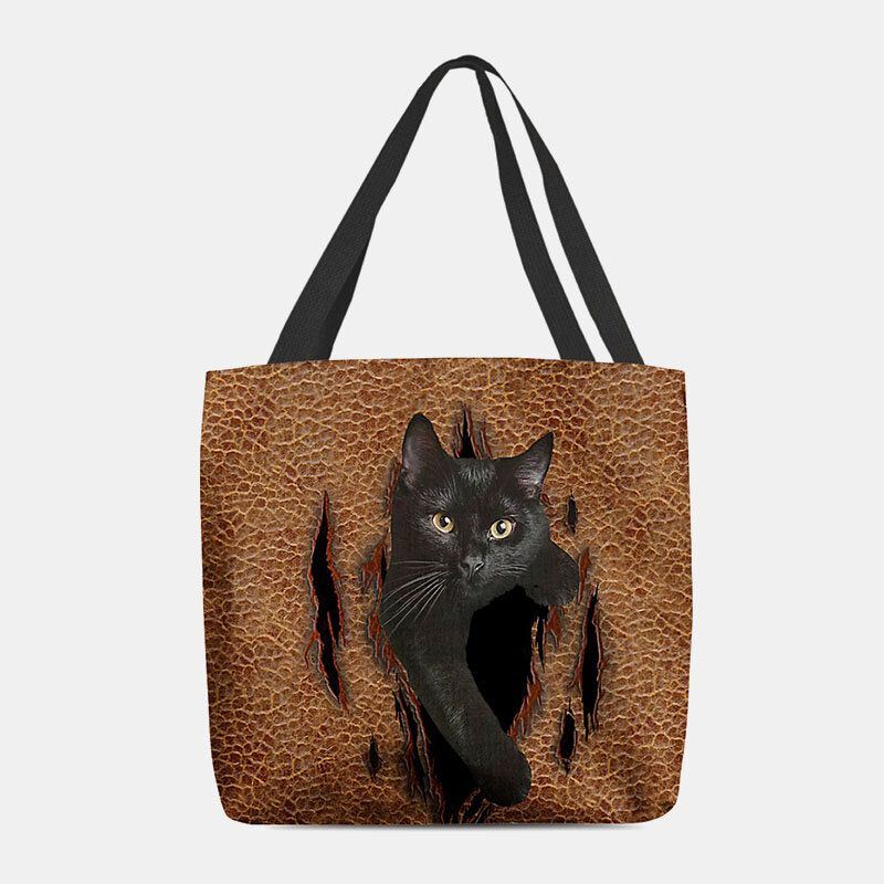 Dames Voelden Leuke 3d Driedimensionale Cartoon Zwarte Kat Patroon Schoudertas Handtas Tote