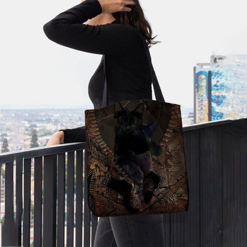 Dames Voelden Leuke 3d Driedimensionale Cartoon Zwarte Kat Patroon Schoudertas Handtas Tote