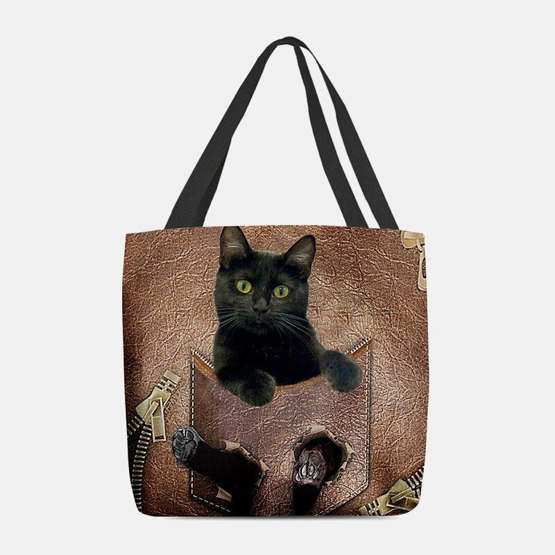 Dames Voelden Leuke 3d Driedimensionale Cartoon Zwarte Kat Patroon Schoudertas Handtas Tote