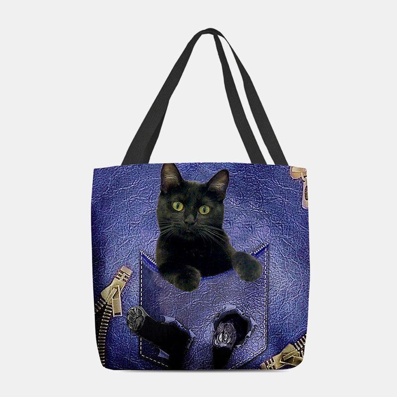 Dames Voelden Leuke 3d Driedimensionale Cartoon Zwarte Kat Patroon Schoudertas Handtas Tote