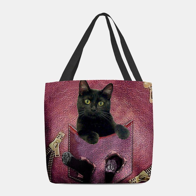 Dames Voelden Leuke 3d Driedimensionale Cartoon Zwarte Kat Patroon Schoudertas Handtas Tote