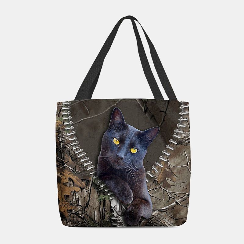 Dames Voelden Leuke 3d Driedimensionale Cartoon Zwarte Kat Tak Patroon Schoudertas Handtas Tote