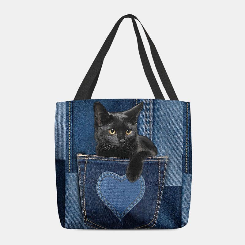 Dames Voelden Leuke 3d Driedimensionale Zwarte Kat Binnen Jeans Patroon Schoudertas Handtas Tote