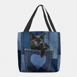 Dames Voelden Leuke 3d Driedimensionale Zwarte Kat Binnen Jeans Patroon Schoudertas Handtas Tote