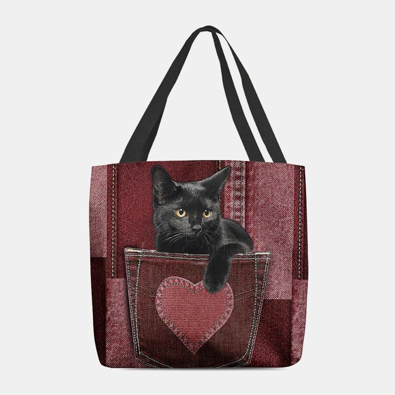 Dames Voelden Leuke 3d Driedimensionale Zwarte Kat Binnen Jeans Patroon Schoudertas Handtas Tote