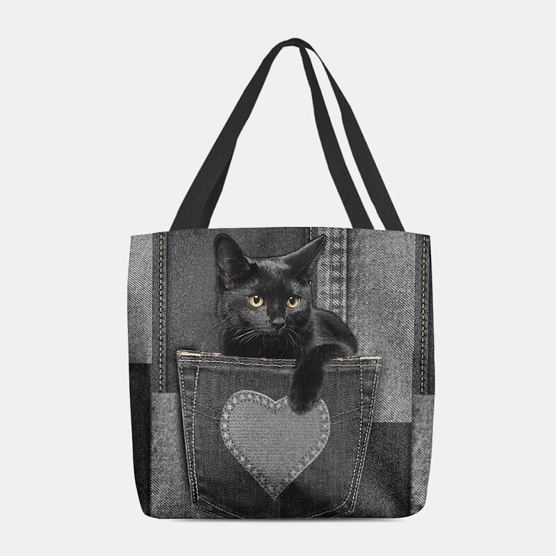 Dames Voelden Leuke 3d Driedimensionale Zwarte Kat Binnen Jeans Patroon Schoudertas Handtas Tote