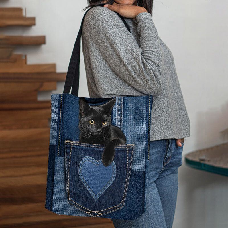 Dames Voelden Leuke 3d Driedimensionale Zwarte Kat Binnen Jeans Patroon Schoudertas Handtas Tote