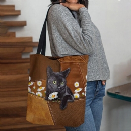 Dames Voelden Leuke 3d Driedimensionale Zwarte Kat Daisy Patroon Schoudertas Handtas Tote