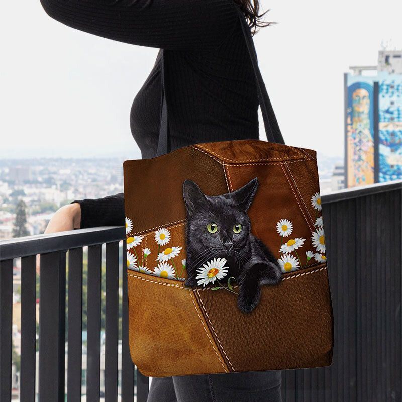 Dames Voelden Leuke 3d Driedimensionale Zwarte Kat Daisy Patroon Schoudertas Handtas Tote