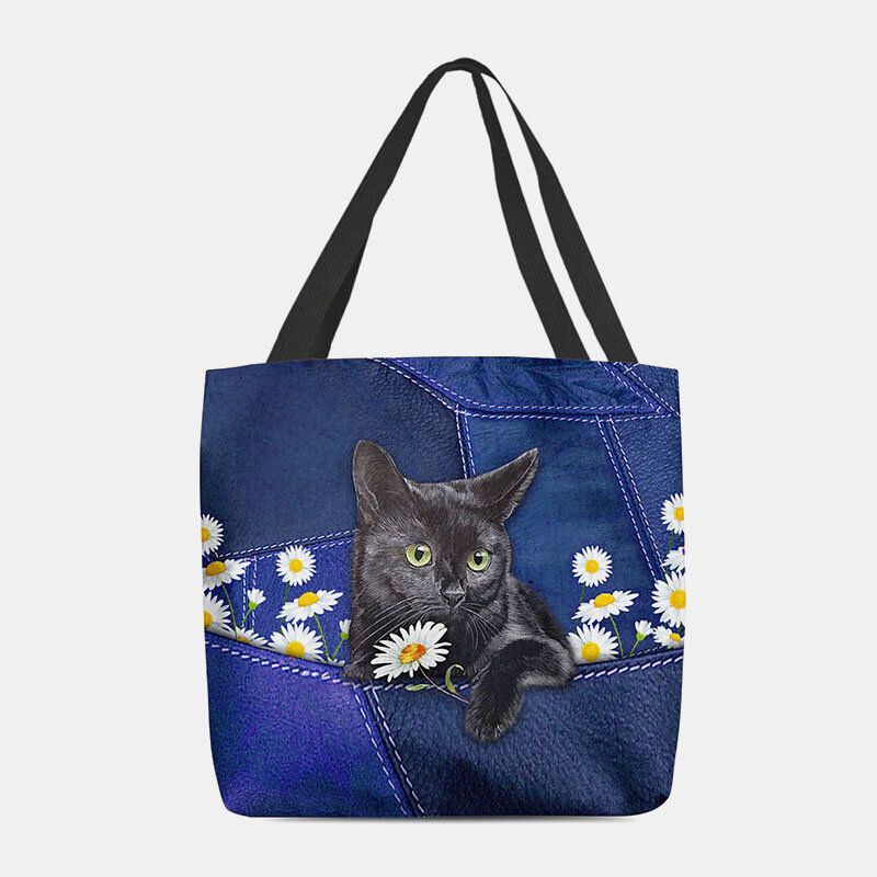 Dames Voelden Leuke 3d Driedimensionale Zwarte Kat Daisy Patroon Schoudertas Handtas Tote