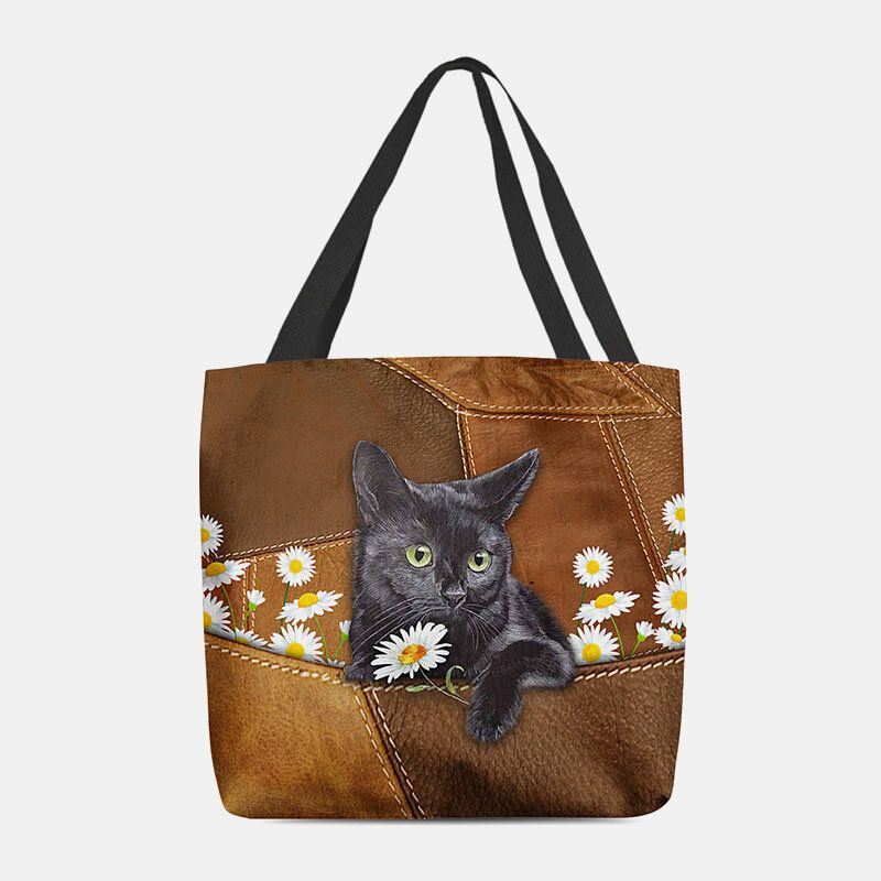 Dames Voelden Leuke 3d Driedimensionale Zwarte Kat Daisy Patroon Schoudertas Handtas Tote