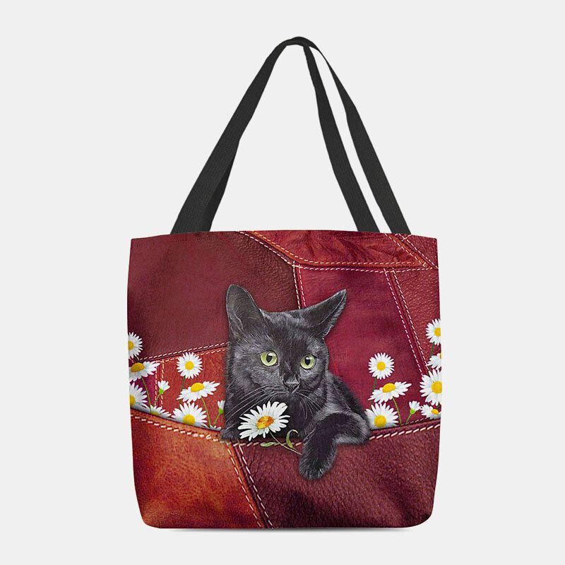 Dames Voelden Leuke 3d Driedimensionale Zwarte Kat Daisy Patroon Schoudertas Handtas Tote