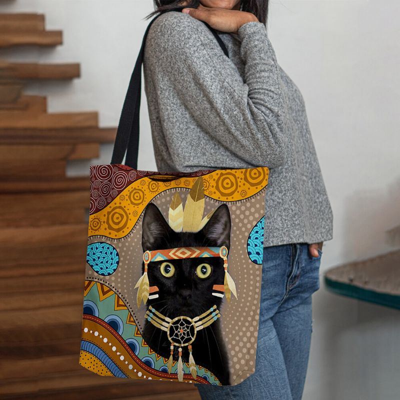 Dames Voelden Leuke Cartoon Egyptische Geklede Zwarte Kat Patroon Schoudertas Handtas Tote