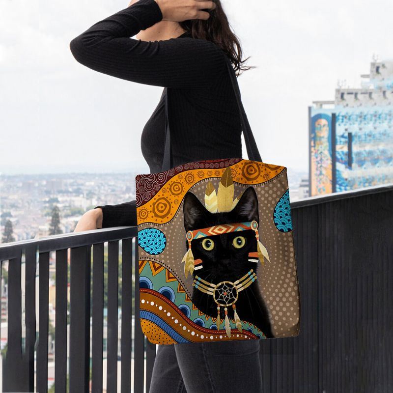 Dames Voelden Leuke Cartoon Egyptische Geklede Zwarte Kat Patroon Schoudertas Handtas Tote