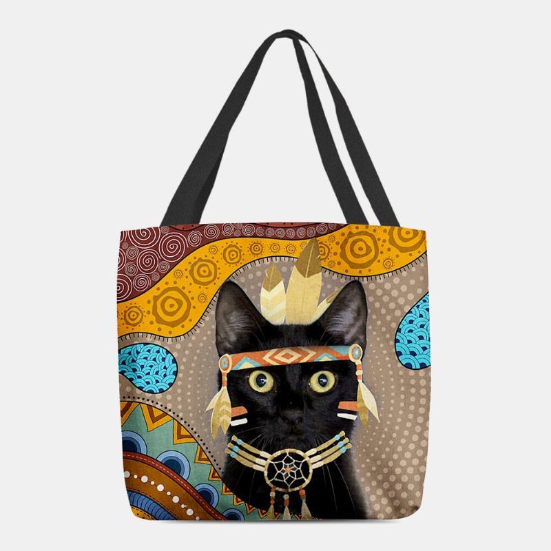 Dames Voelden Leuke Cartoon Egyptische Geklede Zwarte Kat Patroon Schoudertas Handtas Tote