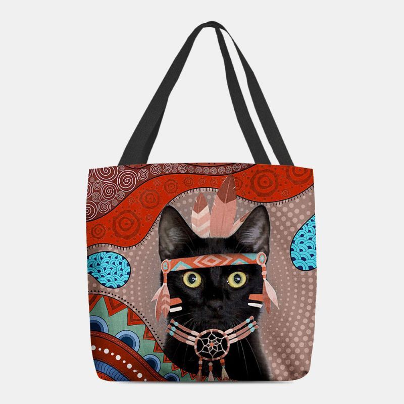 Dames Voelden Leuke Cartoon Egyptische Geklede Zwarte Kat Patroon Schoudertas Handtas Tote