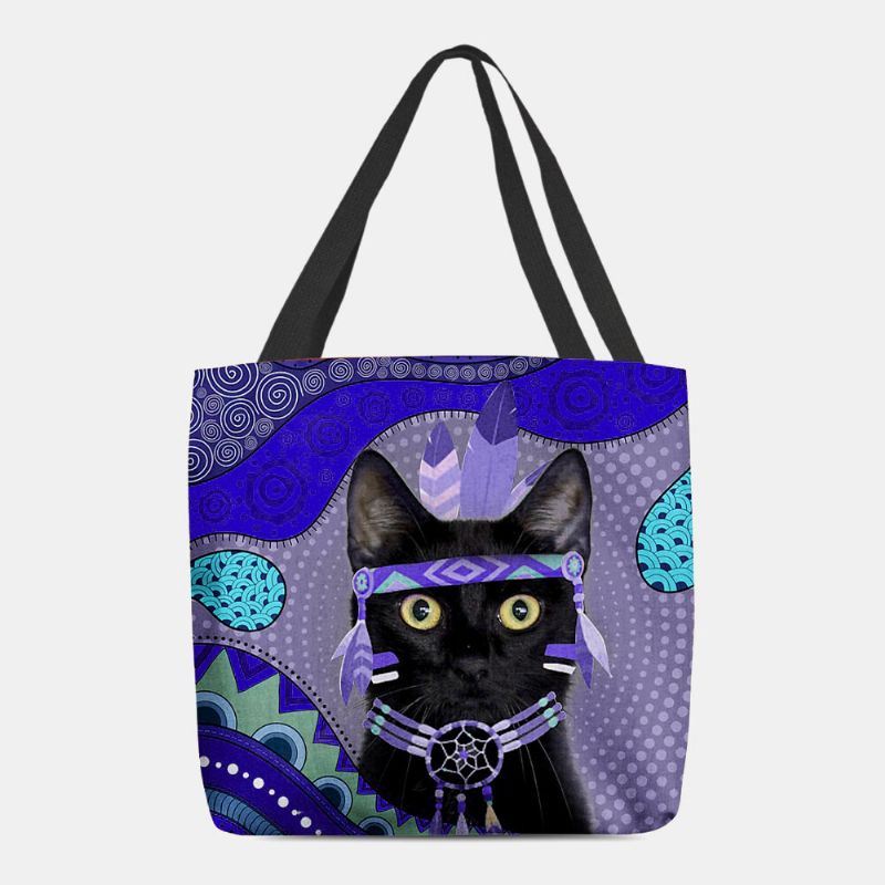 Dames Voelden Leuke Cartoon Egyptische Geklede Zwarte Kat Patroon Schoudertas Handtas Tote