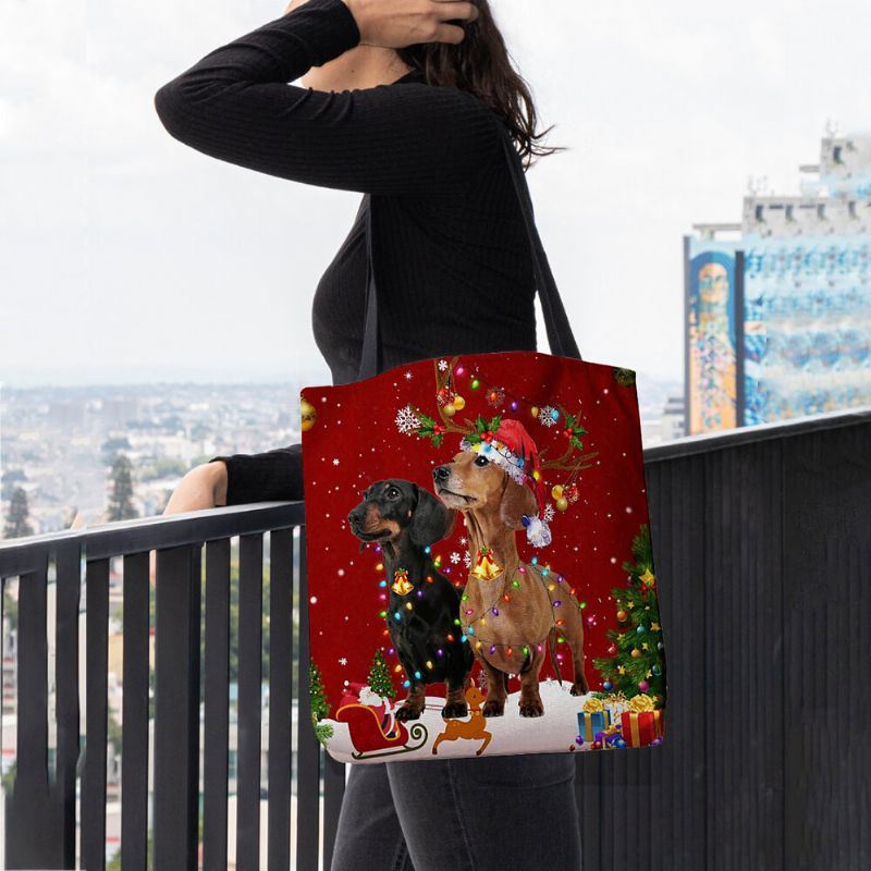 Dames Voelden Leuke Feestelijke Kerst Cartoon Honden Patroon Schoudertas Handtas Tote