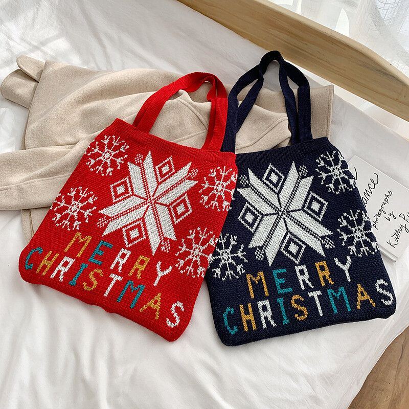 Dames Wol Kerstboom Sneeuwvlok Brief Patroon Casual Feestelijke Handtas Tote Schoudertas