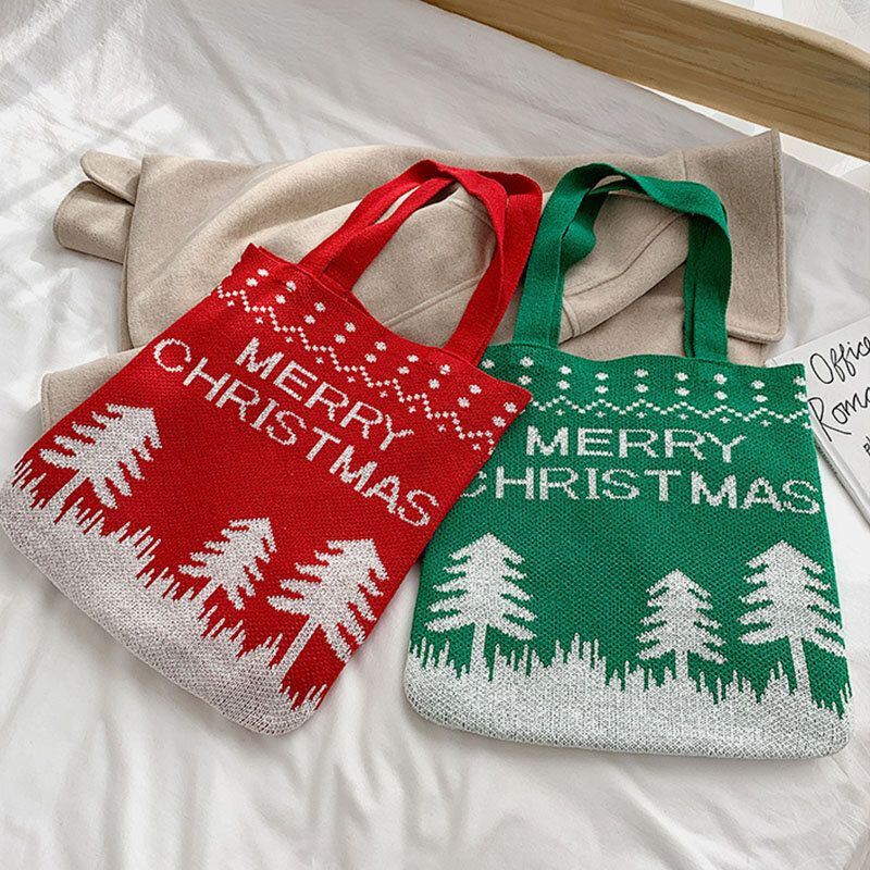 Dames Wol Kerstboom Sneeuwvlok Brief Patroon Casual Feestelijke Handtas Tote Schoudertas