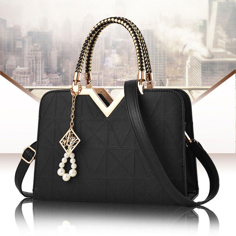 Elegante Dames Gouden Top Handvat Satchel Handtas Tote Purse Schoudertas Met Kralen Hanger