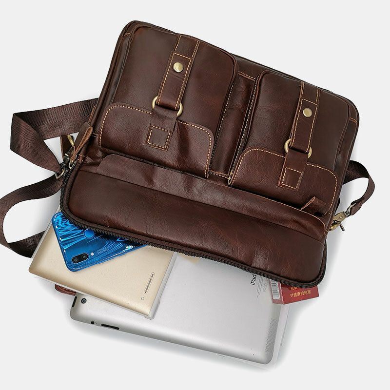 Heren Lederen Multi-pocket Handtas Zakelijke Tas Laptoptas Schoudertas