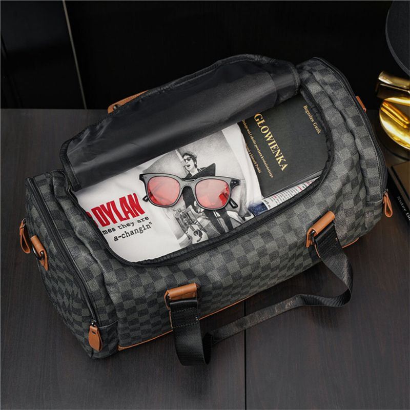 Heren Pu Leer Plaid Patroon Multifunctionele Handtas Mode Multi-pocket Reistas Fitness Tas Crossbody Schoudertas