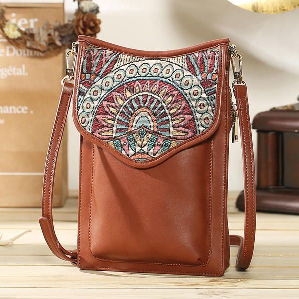 Boheemse Stijl Retro Canvas Bloemenprint Dames Telefoontas Schoudertas Crossbody Tas