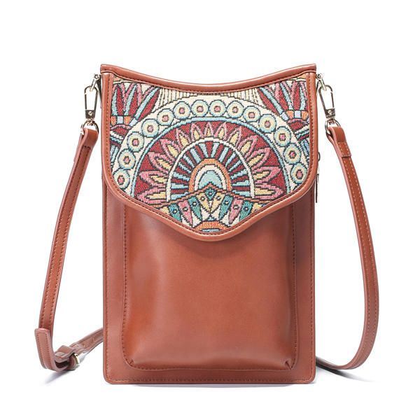 Boheemse Stijl Retro Canvas Bloemenprint Dames Telefoontas Schoudertas Crossbody Tas