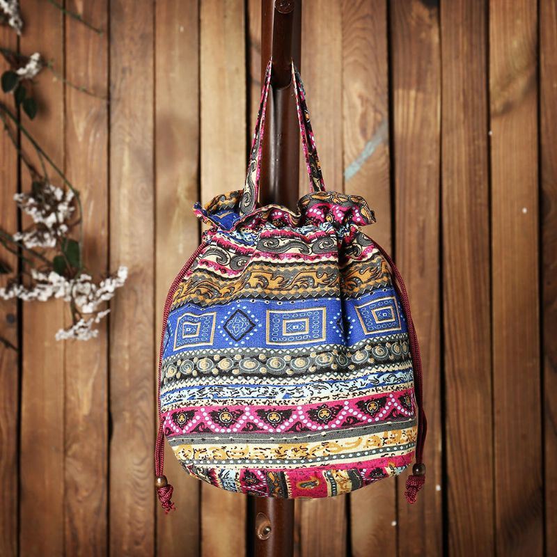 Crossbodytas Voor Dames Met Etnische Canvas String Bucket Bag