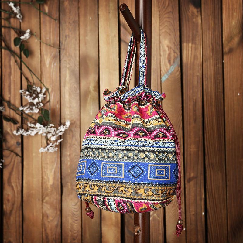 Crossbodytas Voor Dames Met Etnische Canvas String Bucket Bag