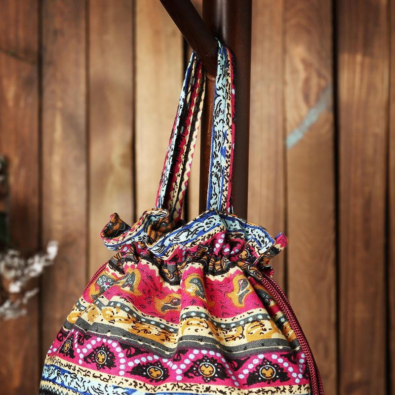 Crossbodytas Voor Dames Met Etnische Canvas String Bucket Bag