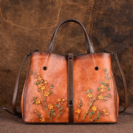 Dames Bloemmotief Reliëf Plantaardig Gelooid Lederen Crossbody Tassen Retro Grote Capaciteit Lederen Schoudertas Handtas