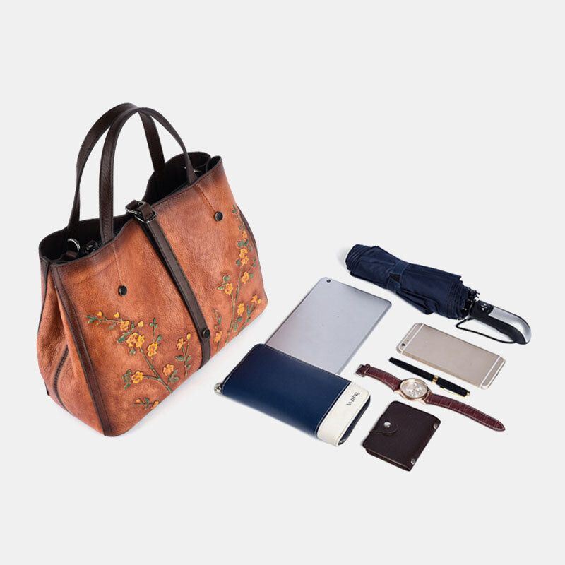 Dames Bloemmotief Reliëf Plantaardig Gelooid Lederen Crossbody Tassen Retro Grote Capaciteit Lederen Schoudertas Handtas