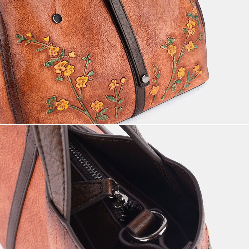 Dames Bloemmotief Reliëf Plantaardig Gelooid Lederen Crossbody Tassen Retro Grote Capaciteit Lederen Schoudertas Handtas