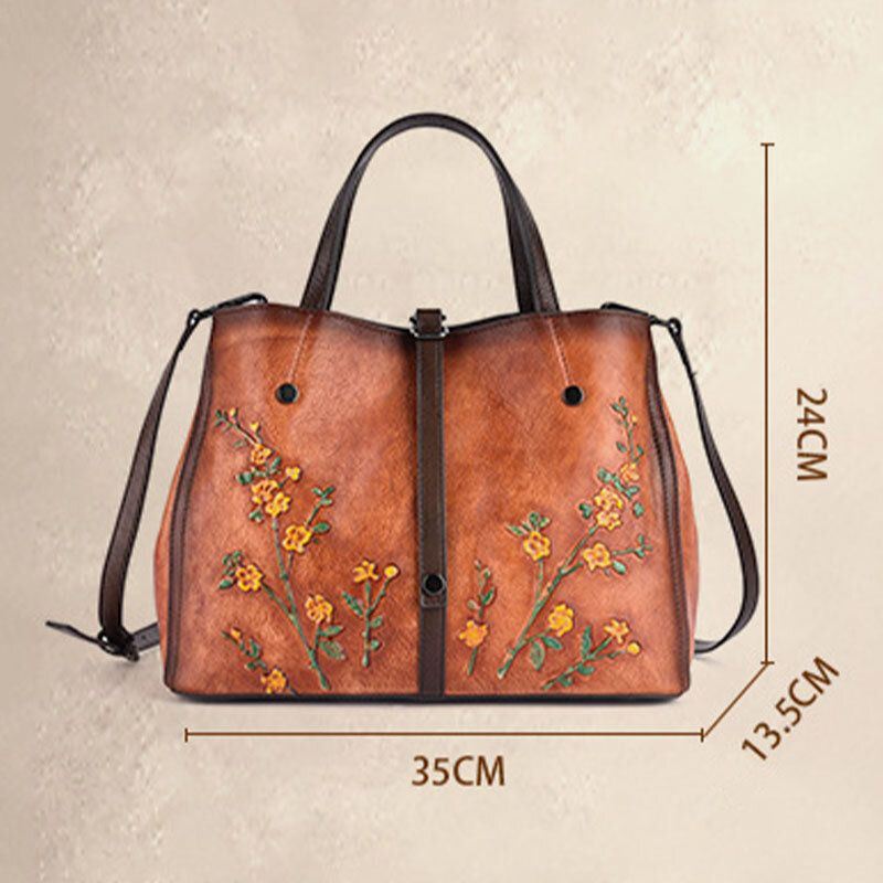 Dames Bloemmotief Reliëf Plantaardig Gelooid Lederen Crossbody Tassen Retro Grote Capaciteit Lederen Schoudertas Handtas