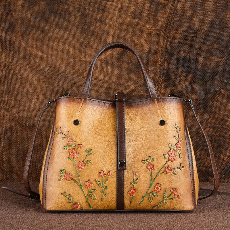 Dames Bloemmotief Reliëf Plantaardig Gelooid Lederen Crossbody Tassen Retro Grote Capaciteit Lederen Schoudertas Handtas