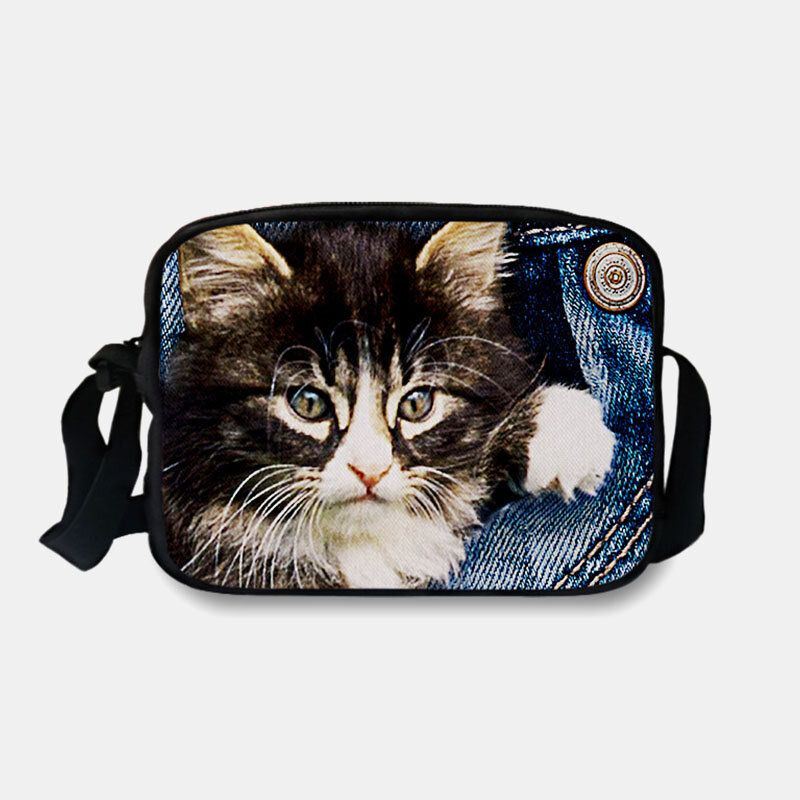 Dames Denim 3d Driedimensionale Dier Creatieve Cartoon Leuke Print Kat Casual Telefoon Tas Heuptas Crossbody Tas: