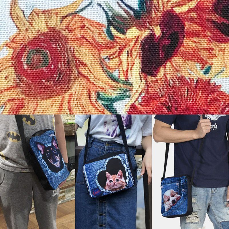 Dames Denim 3d Driedimensionale Dier Creatieve Cartoon Leuke Print Kat Casual Telefoon Tas Heuptas Crossbody Tas: