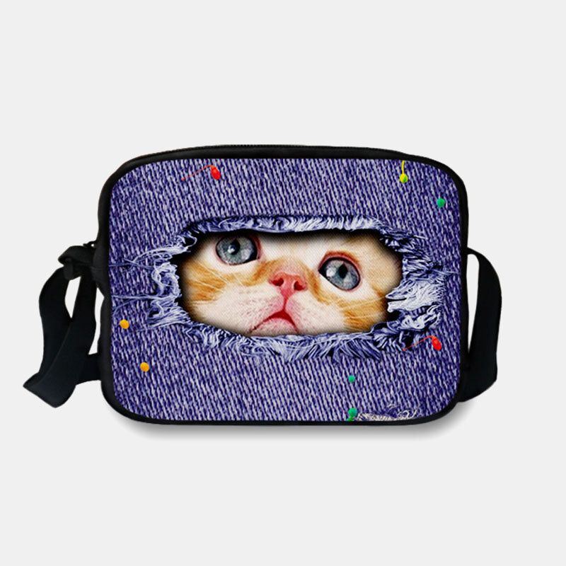 Dames Denim 3d Driedimensionale Dier Creatieve Cartoon Leuke Print Kat Casual Telefoon Tas Heuptas Crossbody Tas: