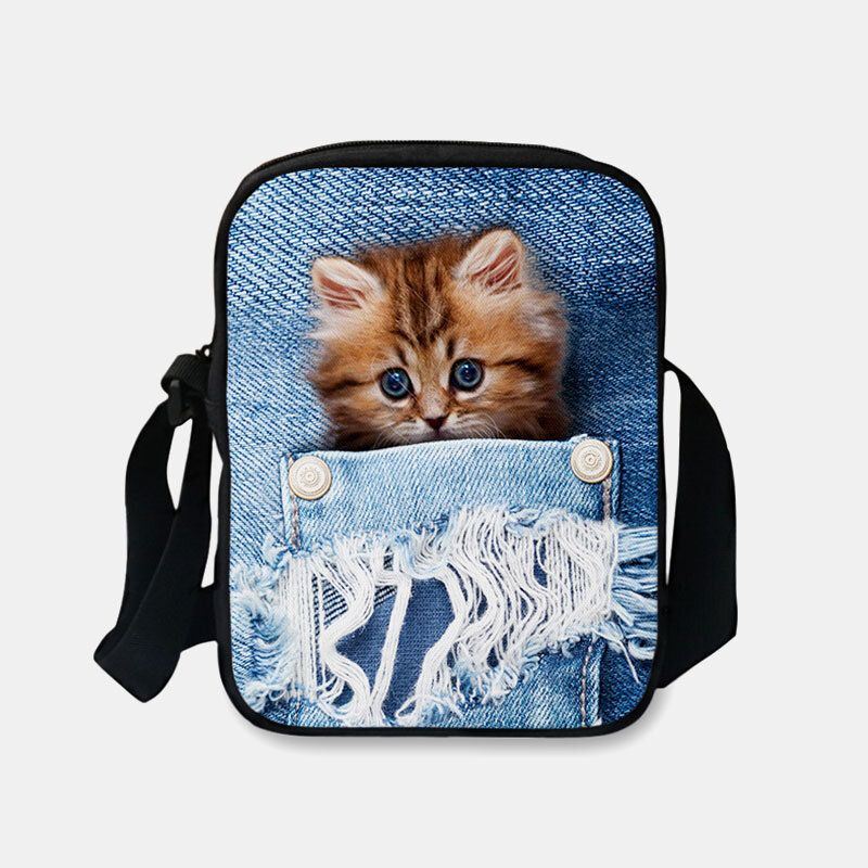 Dames Denim 3d Driedimensionale Dier Creatieve Cartoon Leuke Print Kat Casual Telefoon Tas Heuptas Crossbody Tas: